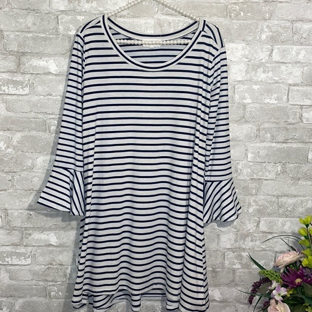 Navy and White Stripe Bell Sleeve Knit Swing Dress